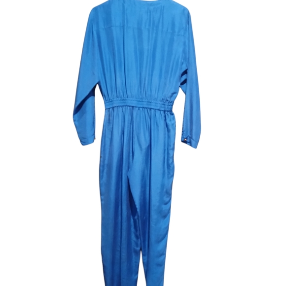 Vintage 80s Saks Fifth Ave 100% Silk Blue Pant JumpSuit Womans Small Retro Punk - Picture 3 of 12